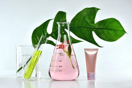 天然护肤美容产品,天然有机植物萃取和科学的玻璃器皿, 空白标签化妆